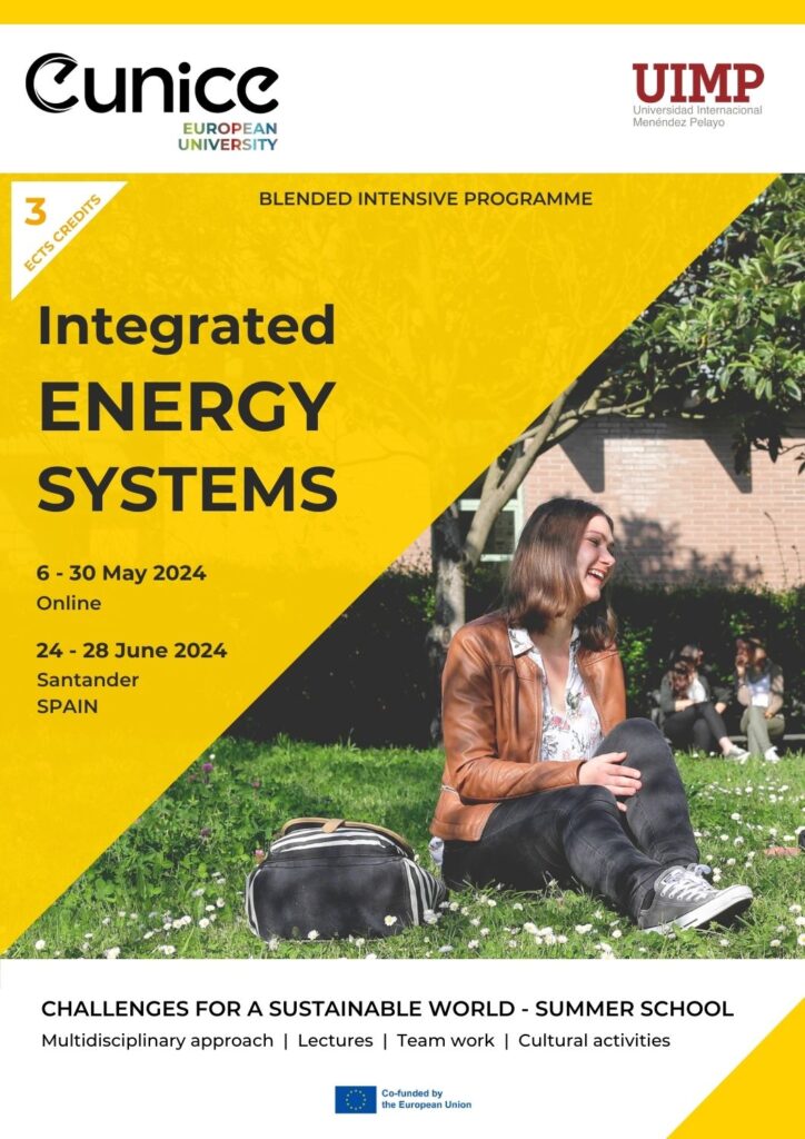 Flyer of BIP on Integrated Energy Systems. Online part: 6-30 May 2024. On-site part: 24-28 June 2024 in Santander (Spain). Lectures, team work, cultural activities.